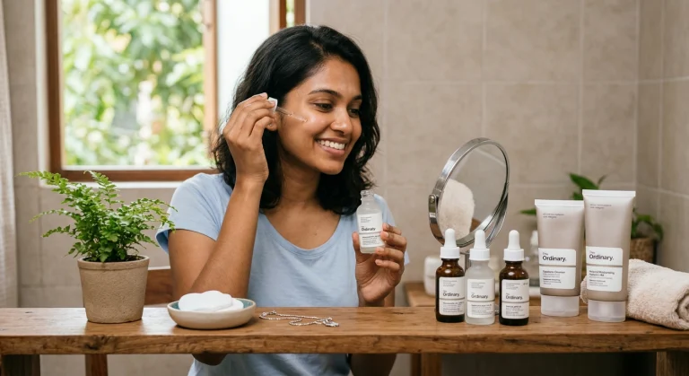 Woman applying serum during her The Ordinary skincare guide" for your upload.