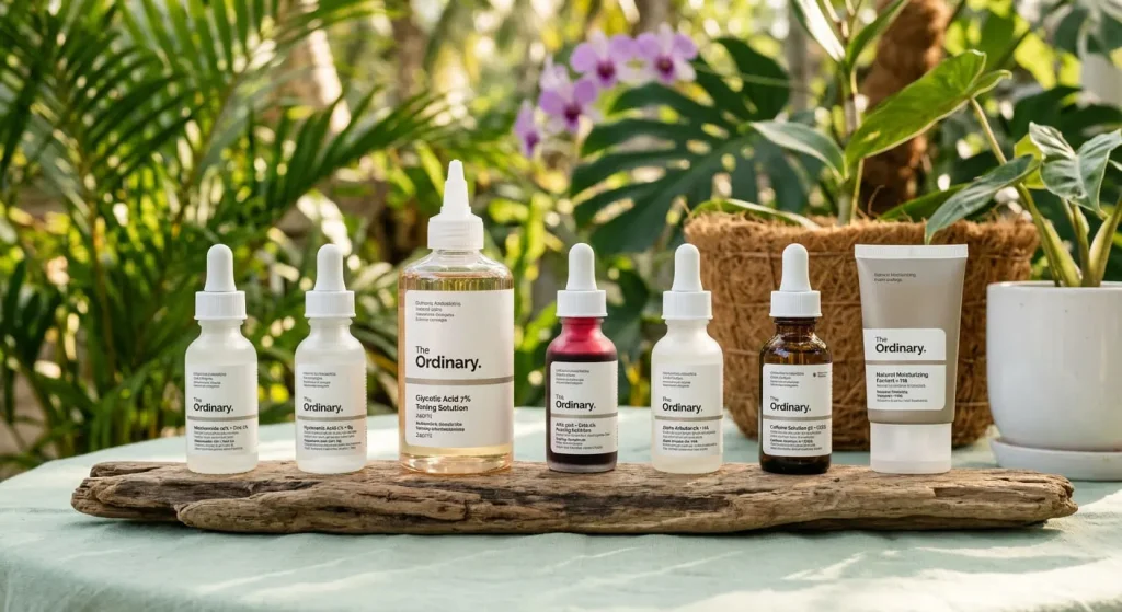 A line of seven The Ordinary products displayed on a rustic wooden stand outdoors.
